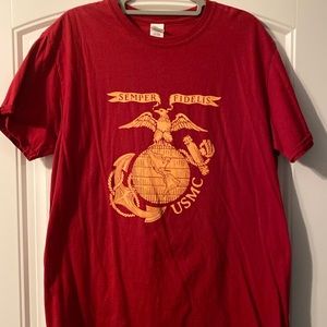Red and gold USMC T-shirt.